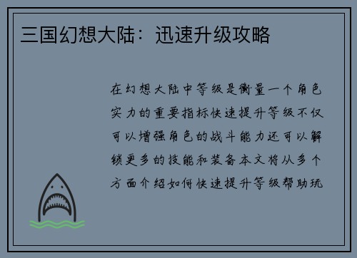 三国幻想大陆：迅速升级攻略